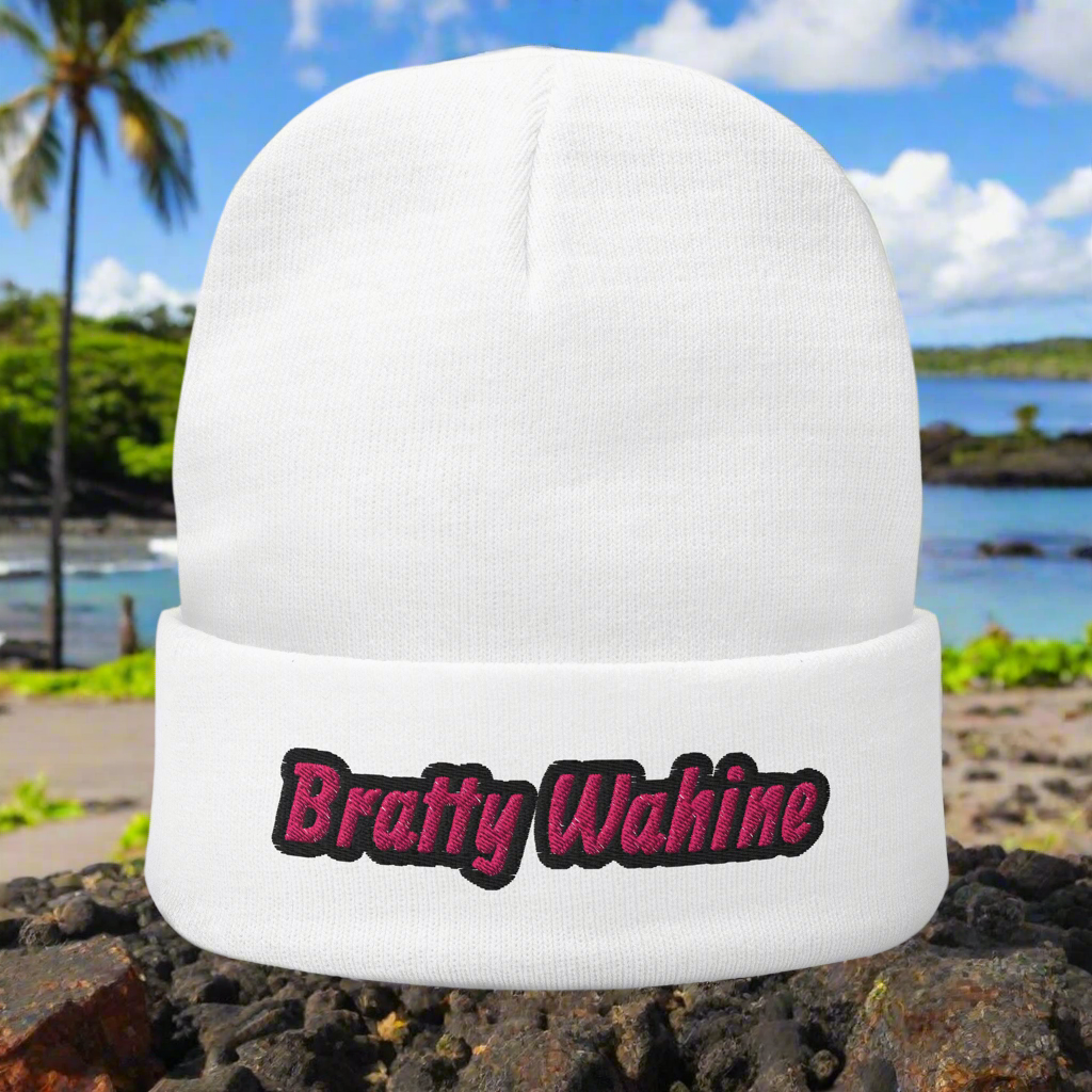 Bratty Wahine Beanie (White w/pink)