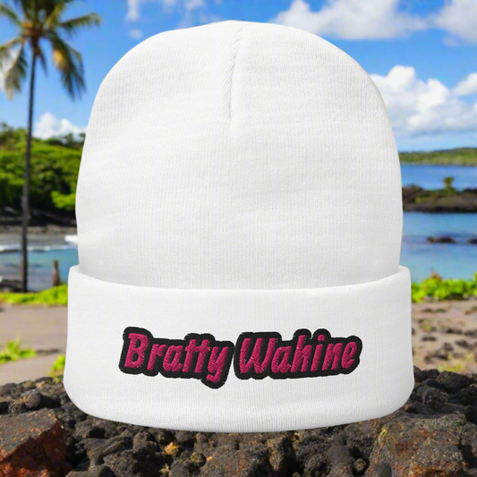 Bratty Wahine Beanie (White w/pink)